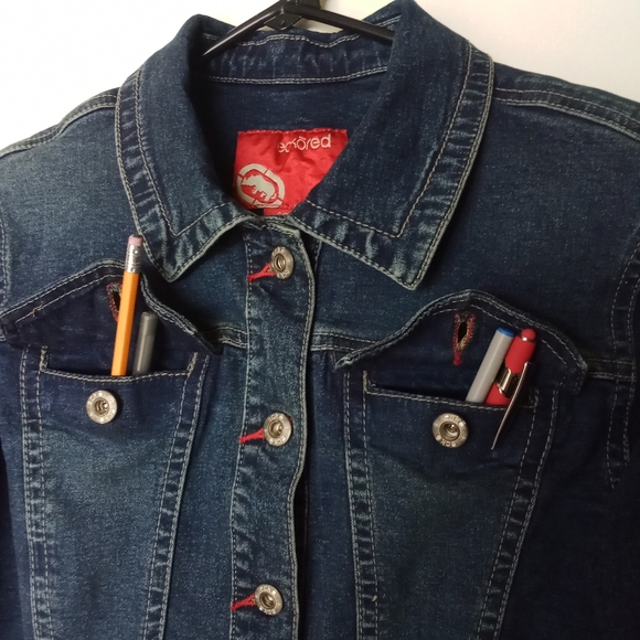 Women's Vintage eckored Y2K Button Up Denim Jean Jacket Retro Fitted Style - Picture 13 of 16